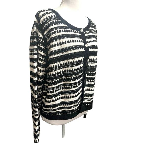 Nanette Lepore Nordic open knit black white cardigan button up grandmacore cozy - Picture 2 of 9